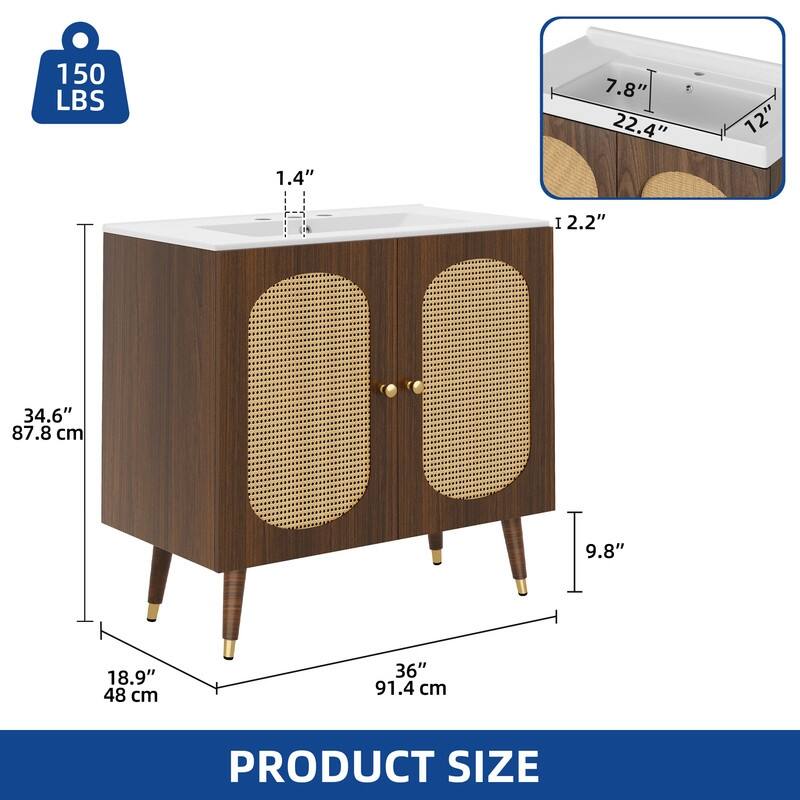 Moasis 24" Bathroom Vanity with Ceramic Sink, Rattan Double Door Cabinet and Drawer, Freestanding Solid Wood Legs