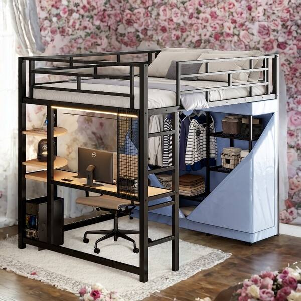 slide 2 of 40, Metal & Wood Full Size Loft Metal Bed with Desk,Power Outlet,LED and Wardrobe Black