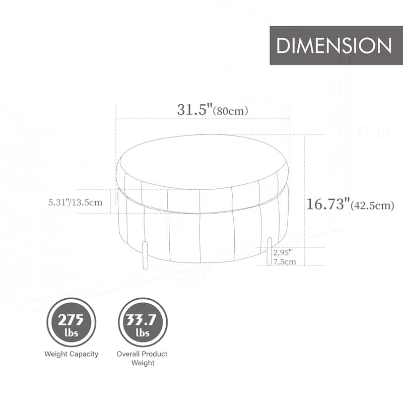 31.5"W Upholstered Round Ottoman With Reversible Lid