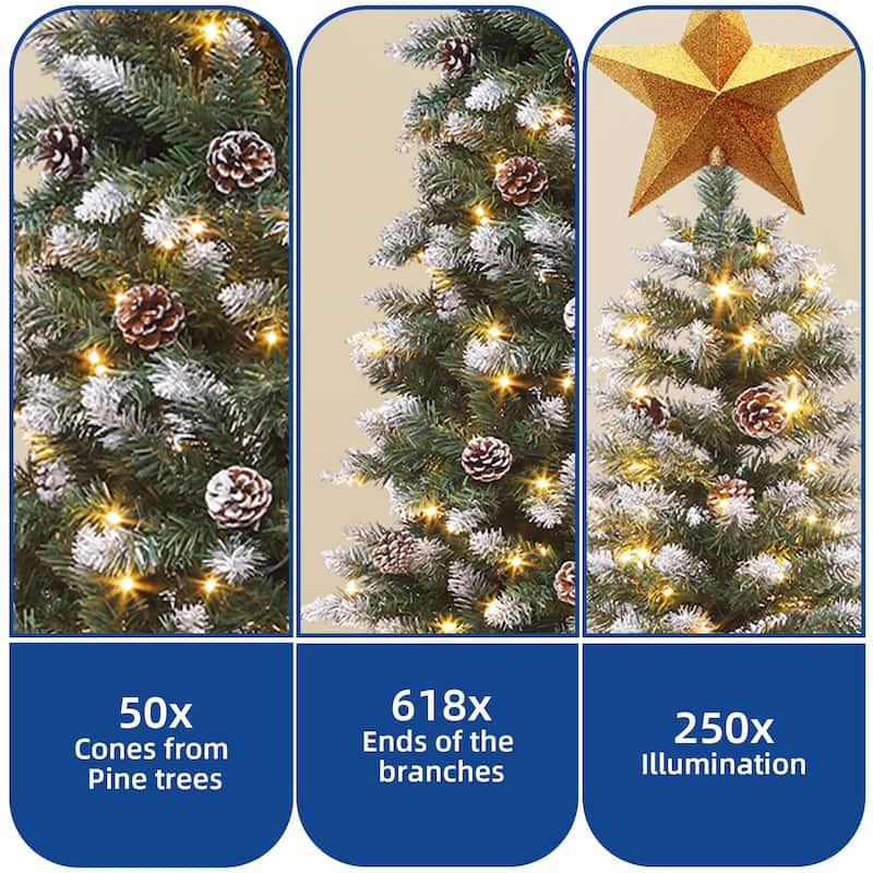 6/7.5 FT Flocked & Frosted Slim Prelit Artificial Hinged Xmas Tree