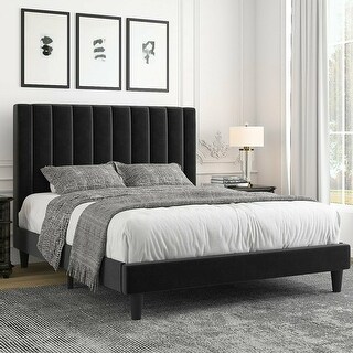 Queen Bed Frame/Velvet Tufted Headboard, Black