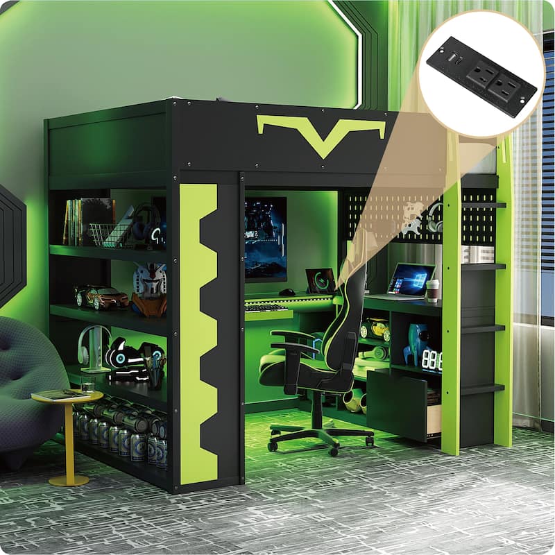Full Size Gaming Loft Bed with Desk & RGB LED Lights, Pro-Gamer Setup with Pegboard, Keyboard Tray & Storage - Green - Full