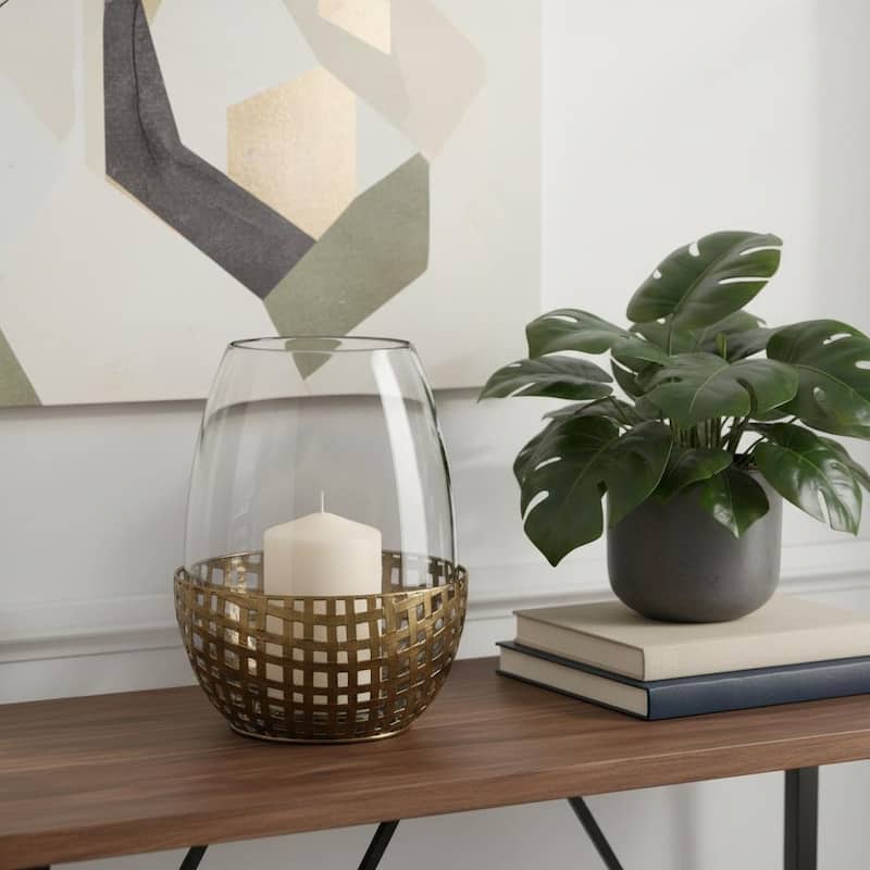 10" Gold And Clear Woven Metal And Glass Tabletop Hurricane Candle Holder - Clear/Gold