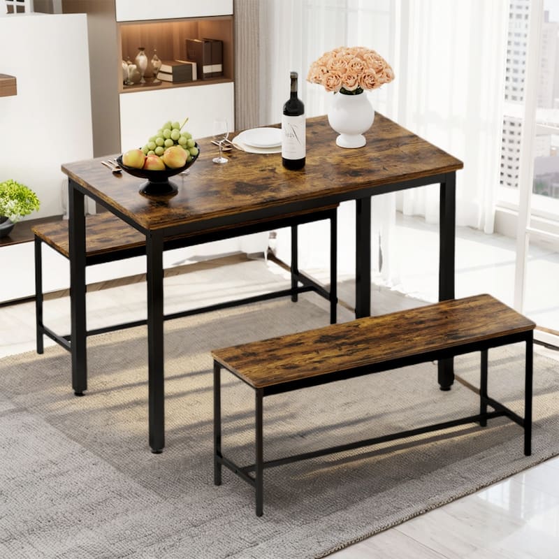 Dining Table Set, Wood Bar Table Set, Kitchen Table w/2 Benches - 3-Piece - Brown