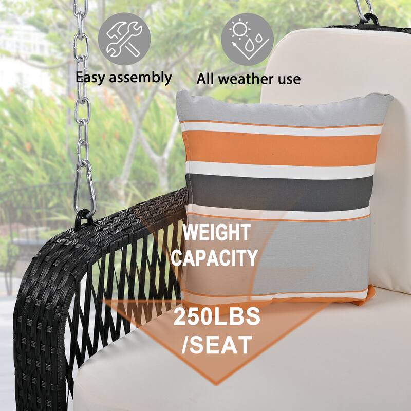 All-Weather PE Wicker Porch Swing with Cushions and Chains, 2-Person Hanging Bench for Backyard, Garden, Patio or Poolside Use