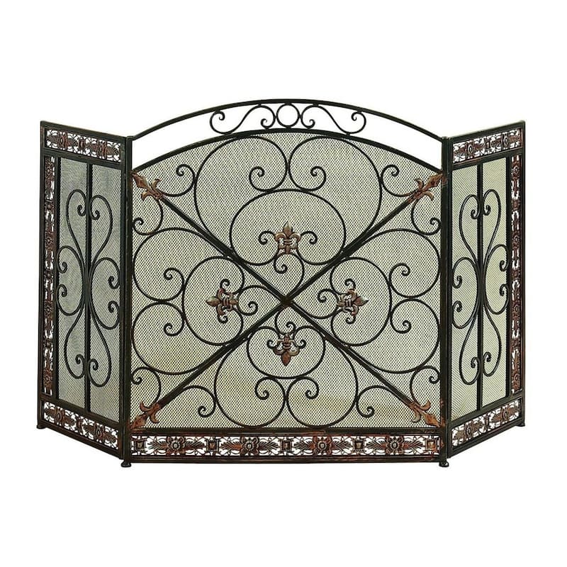 Traditional 3 Panel Metal Fire Screen With Filigree Design, Bronze, Black