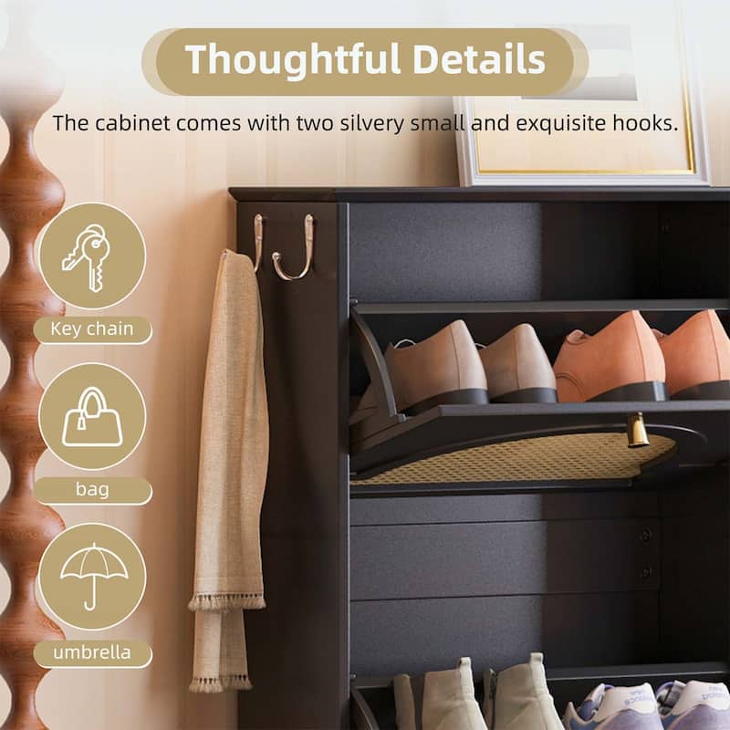 Elegant Entryway Shoe Cabinet with 4 Flip Drawers,with Rattan Doors and Hooks