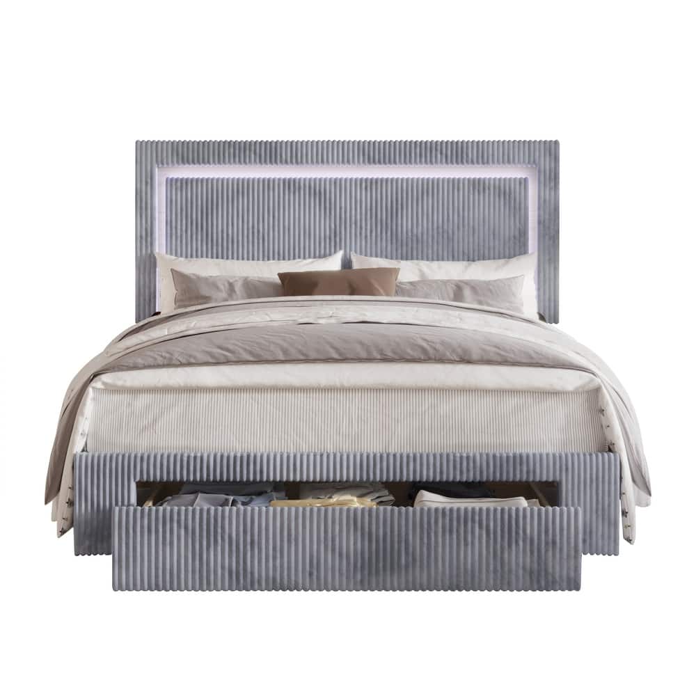 CraftPorch Corduroy Velvet Tufted LED Light Platform Storage Bed