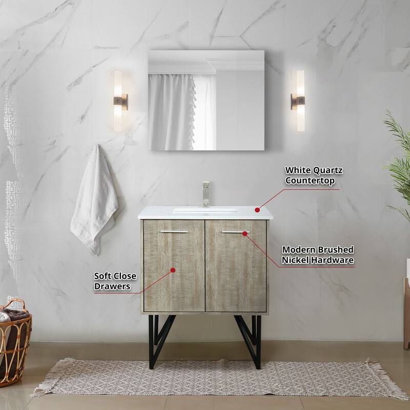 Lancy 30 in W x 20 in D Rustic Acacia Bath Vanity, White Quartz Top and 28 in Mirror