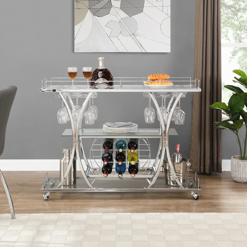 Myhozm 3-tier Serving Metal Bar Cart with Tempered Glass - Chrome