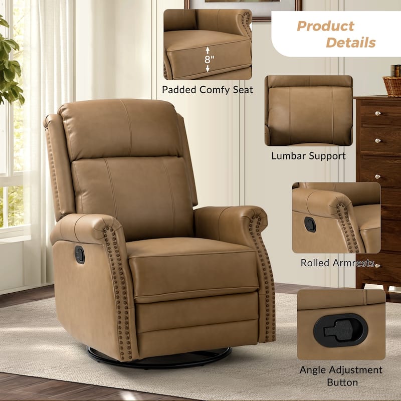 Alina Modern 20''w Genuine Leather Swivel Rocker Nursery Manual Recliner Chair with Rolled Arms by HULALA HOME