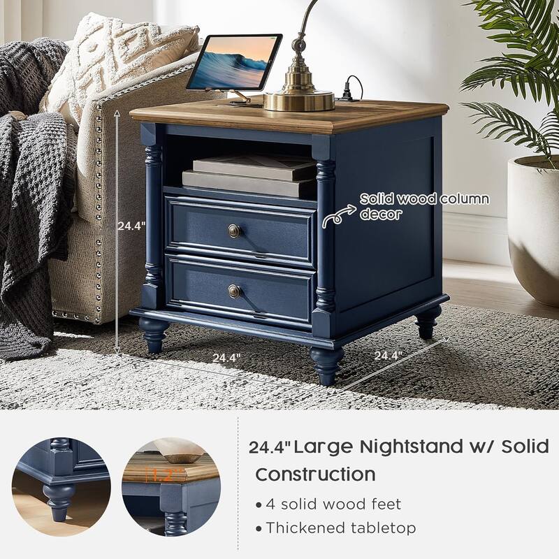 Farmhouse Nightstand Set of 2 with Solid Wood Feet, Charging Station