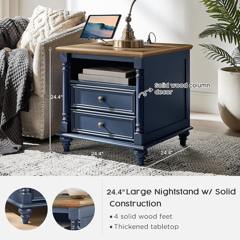 Farmhouse Nightstand Solid Wood Feet, Sofa Table with Charging Station