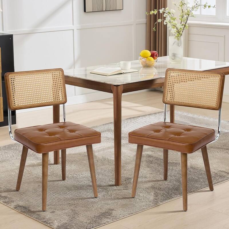 Set of 2 Natural Rattan Kitchen Dining Chairs for Dining Room - Brown
