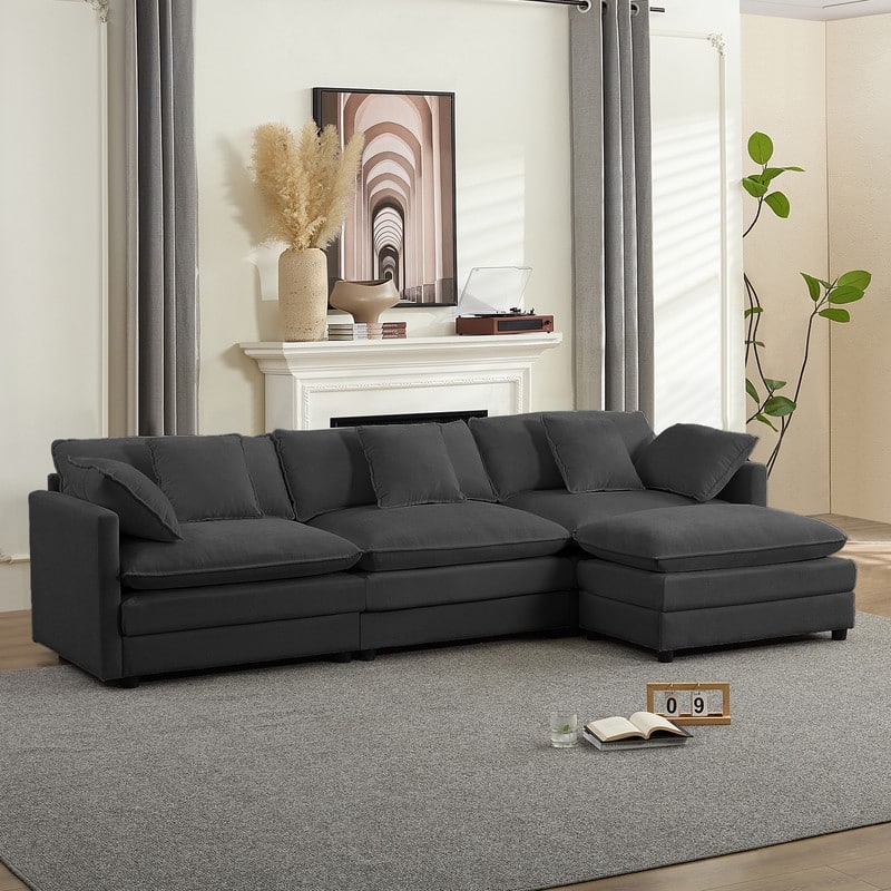 Mixoy 113''L-Shaped Modular Sectional Sofa,Modern Chenille 4-Seater Cloud Couch with Ottoman and Thickened Cushion