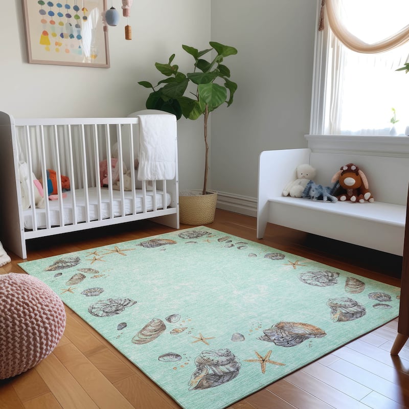 Premium Washable Super Soft Coastal Shell Border Mayfield Rug - Green - 10' x 14' - Rectangle