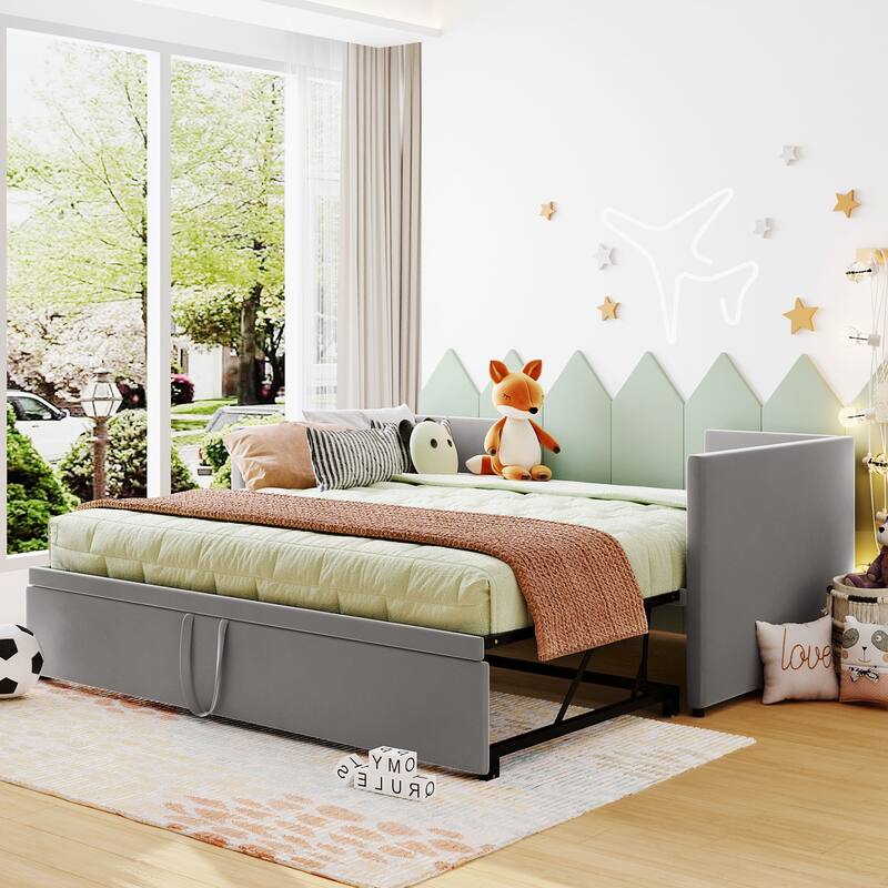 Grey Twin Daybed with Upholstered Finish and Pop-Up Trundle - No Box Spring Required - Gray