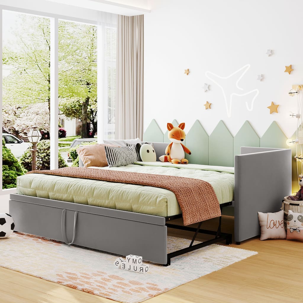 Grey Twin Daybed with Upholstered Finish and Pop-Up Trundle - No Box Spring Required