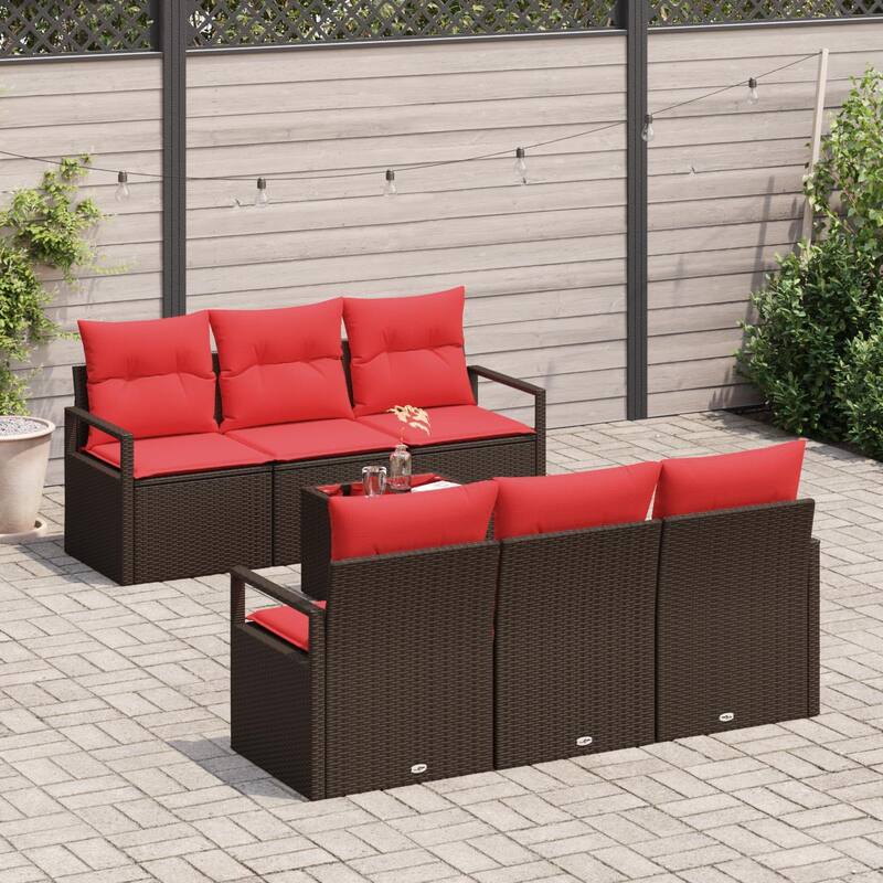 vidaXL 7 Garden Sofa Set with Cushions Black/Brown/Grey Poly Rattan - 68.9 x 24.4 x 27.2