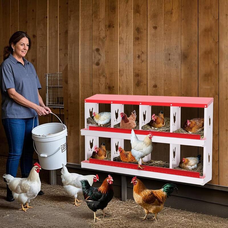 Wall-Mount or Free-Standing Metal Chicken Nesting Box for Hens, Red