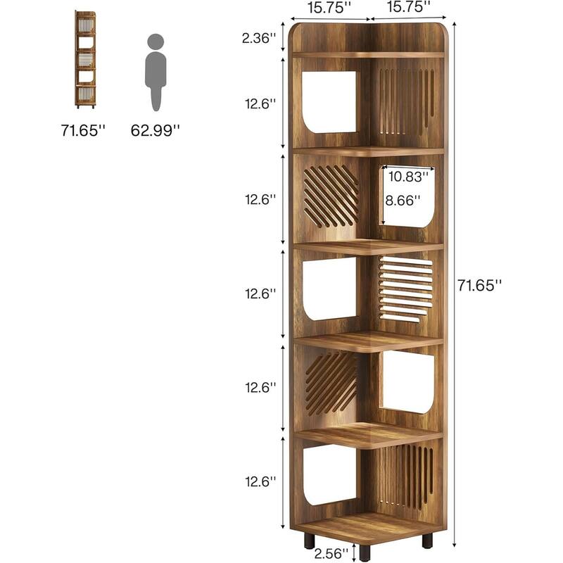 6-Tier Corner Shelf, Rustic Tall Corner Bookshelf for Living Room, Bedroom, Office
