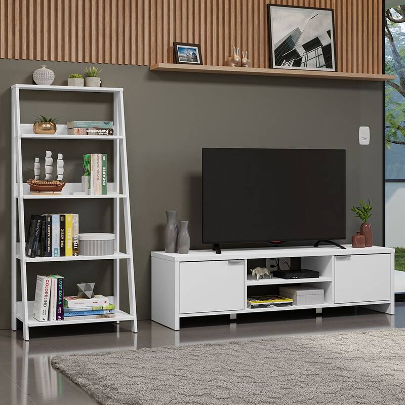 Madesa TV Stand with Storage 65" and Ladder Shelf - White - White