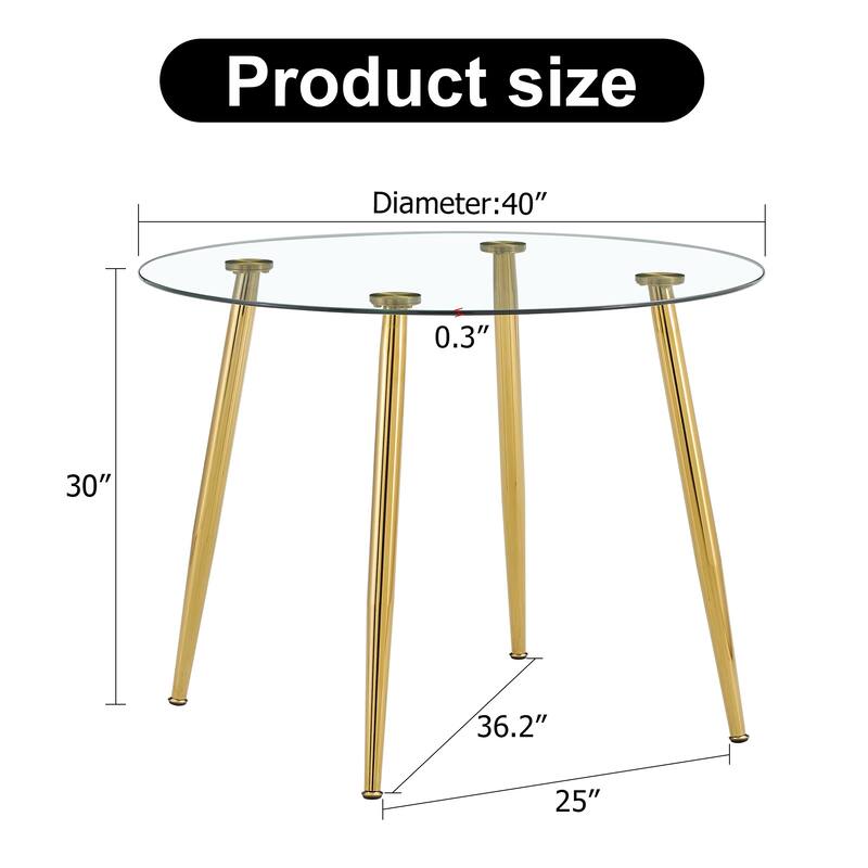 A glass tabletop with a diameter of 40 inches and a modern minimalist circular dining table with gold plated metal legs.
