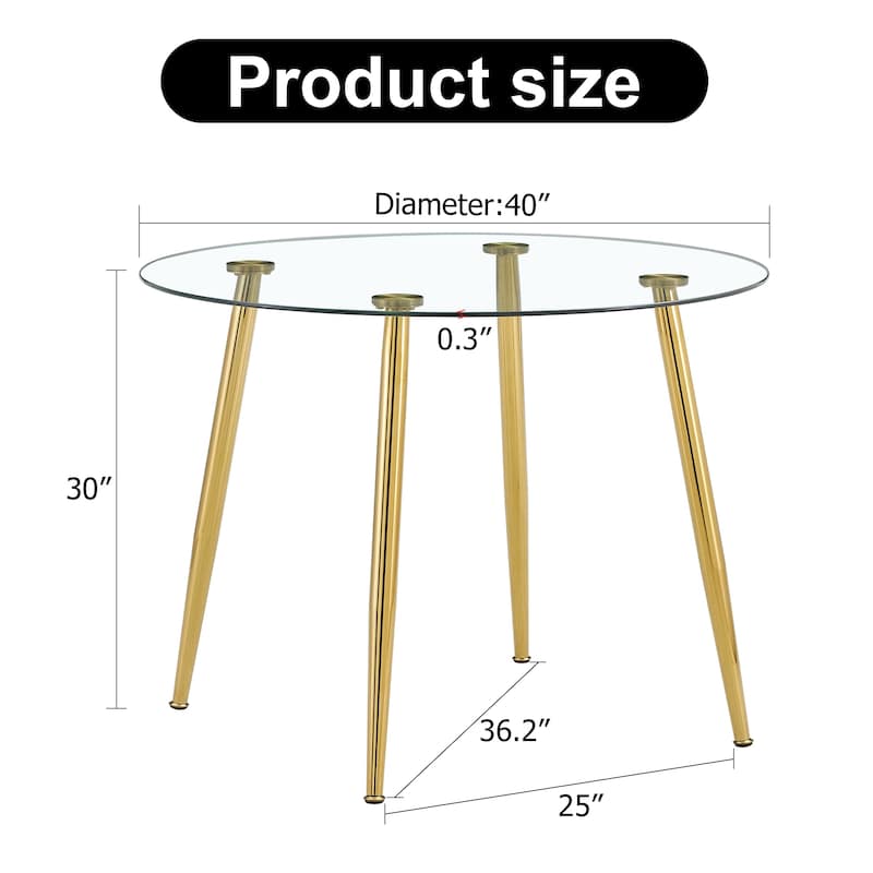 A glass tabletop with a diameter of 40 inches and a modern minimalist circular dining table with gold plated metal legs