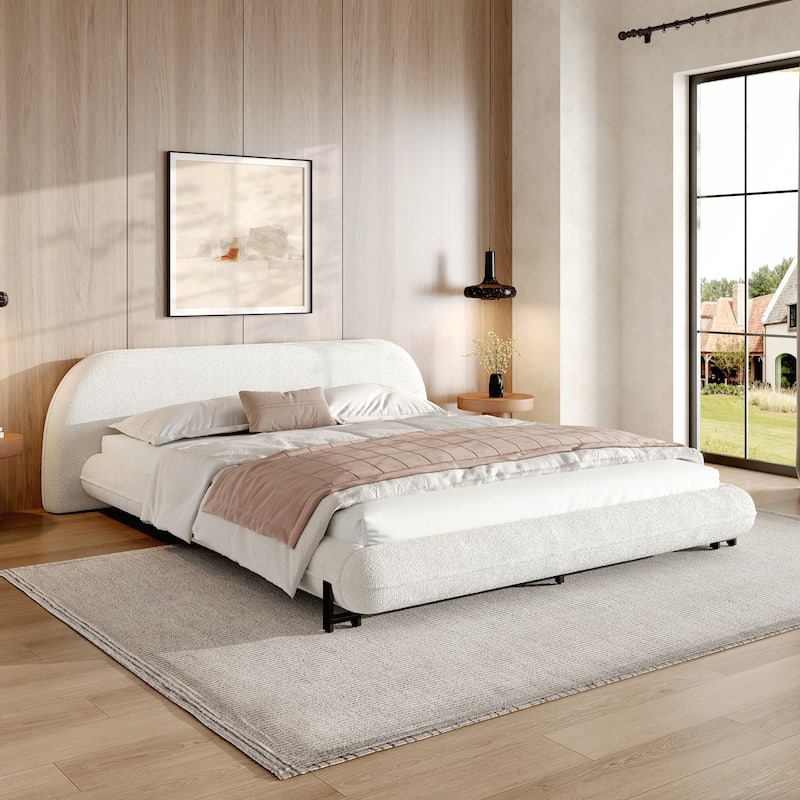 Upholstered Platform Bed with Curve-Shaped Design and Thick Headboard