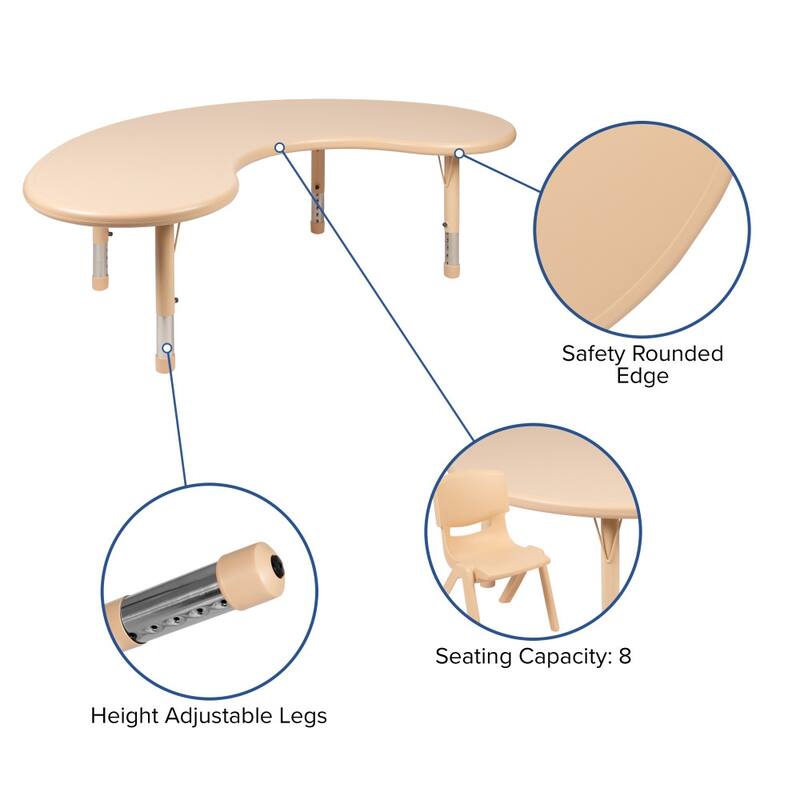 35"Wx65"L Half-Moon Plastic Adjustable Activity Table for 8 - 65"D x 35"W x 14.5" - 23.75"H