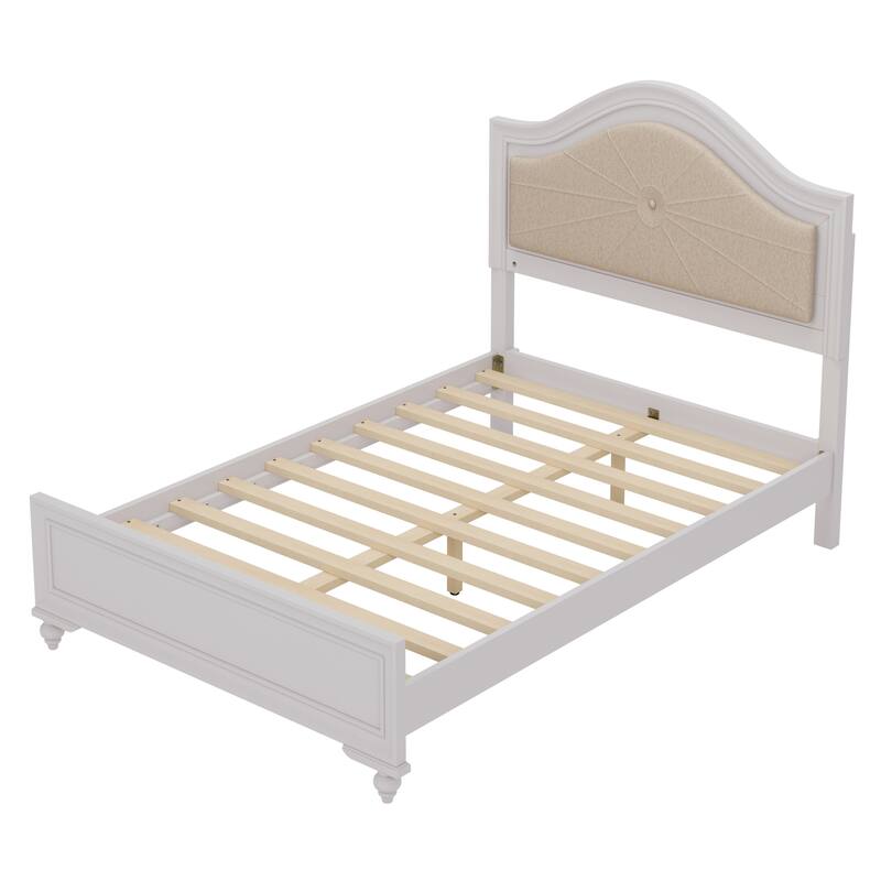 Modern Full Size Wood Bed with Curved Upholstered Headboard, Hidden LED Lights, No Box Spring Needed