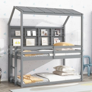 Twin Size House Loft Bed with Guardrails, Semi-enclosed Roof, Bedside Shelves and Ladder