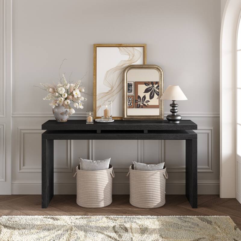 60'' Farmhouse Console Table - Retro Wooden Entryway Table with Double Board Suspension Design, Solid Wood & MDF, Sofa Table