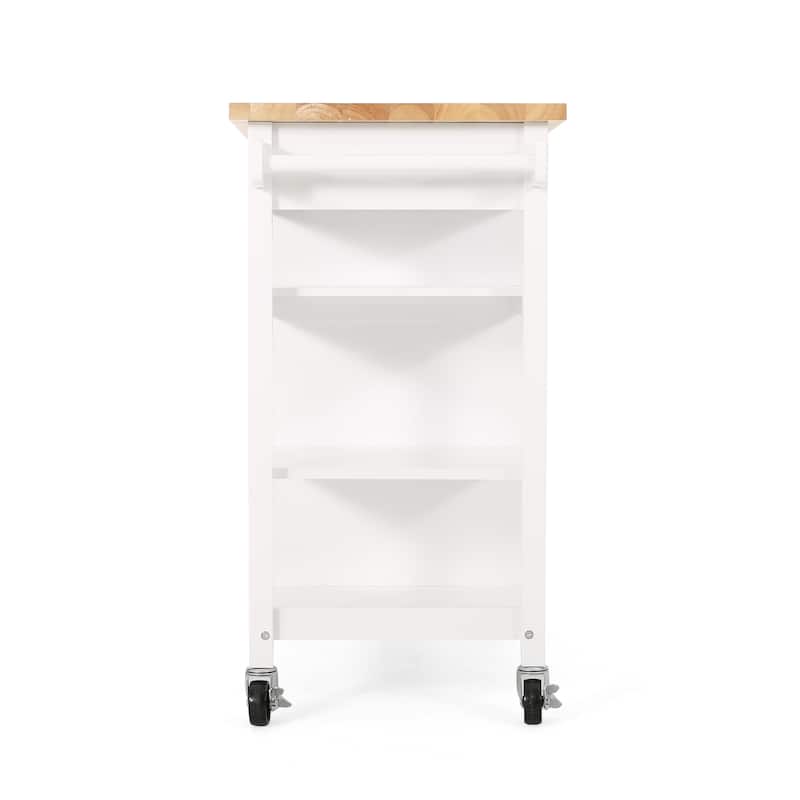 Contemporary Kitchen Cart with Rubberwood Top, Multi-Function Storage Drawer, Open Shelves, Rolling Casters with Locks