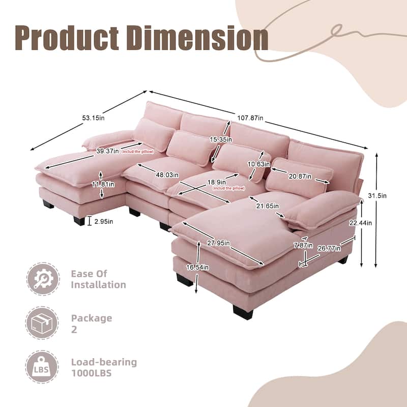 HOMEFUN Chenille Upholstered U-Shaped Modular Wood Frame Sleeper Sectional Sofa with Double Chaise