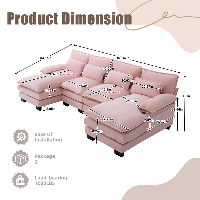Symmetrical Chenille Upholstered Sectional Sofa U-shaped Cloud Couch with Double Chaise, Side Pockets and Double-layer Cushions
