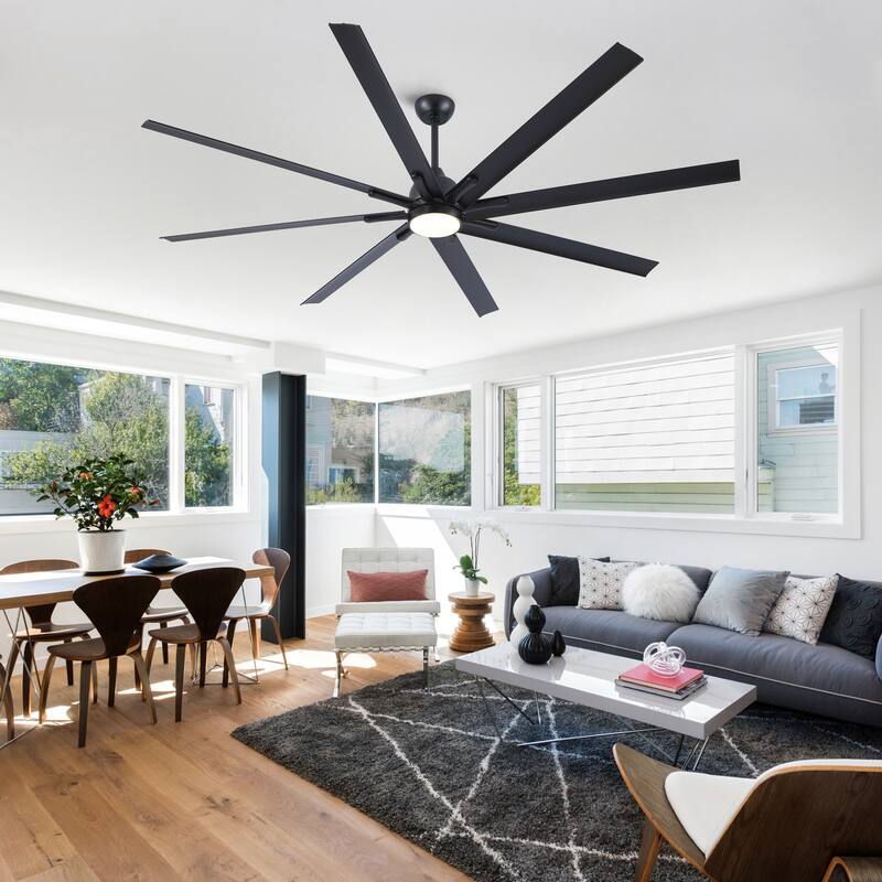 YUHAO 84 In. Indoor/Outdoor Modern Industrial Large Windmill Aluminum Blade Ceiling Fans With Lights, Quiet DC Motor and Remote