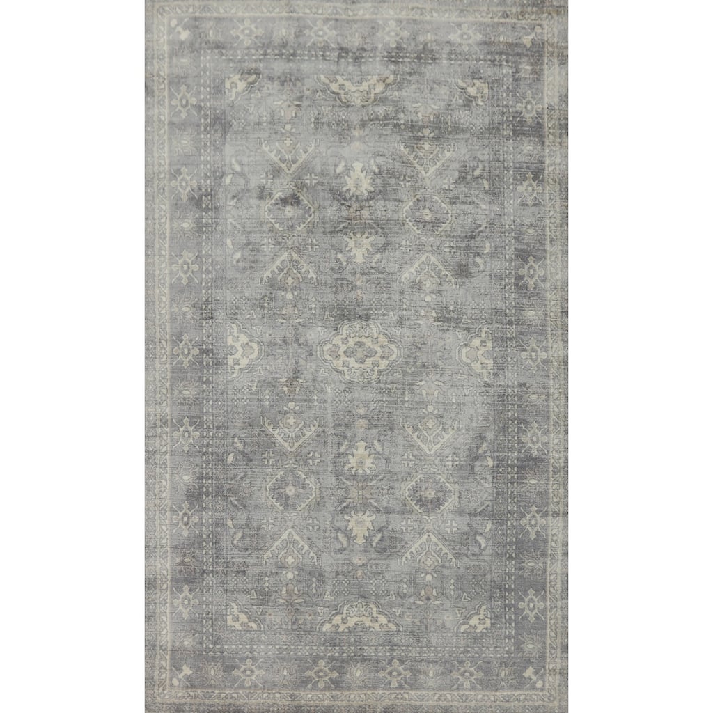 Hand-knotted Transitional Silk Carpet Grey Oushak Rug Geometric Oriental Area Rug - 7' 11'' X 4' 9''
