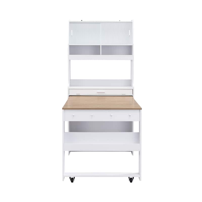 Multifunctional Buffet Hutch and Foldable Dining Table with Storage Unit and Rolling Wheels for Small Spaces