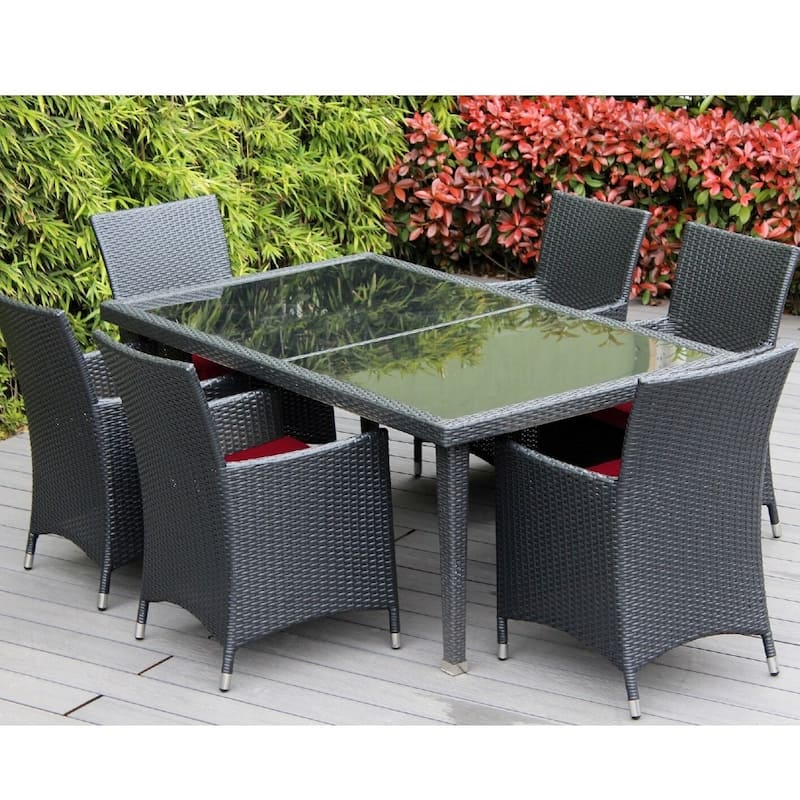 Ohana Outdoor Patio 7 Piece Black Wicker Dining Set with Cushions - Sunbrella Jockey Red