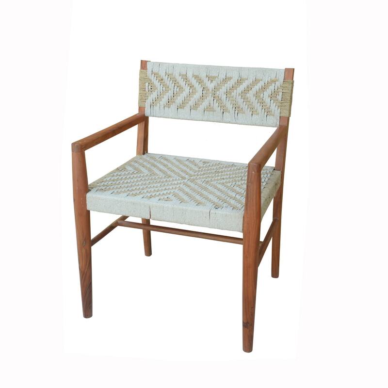 Kia 21 Inch Accent Armchair, Acacia Wood, Cotton Woven Design Natural Cream