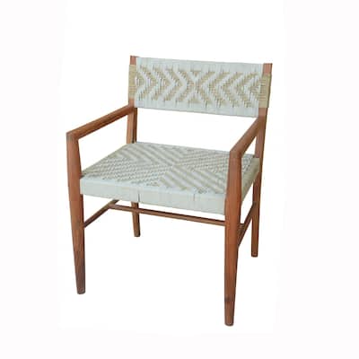 Kia 21 Inch Accent Armchair, Acacia Wood, Cotton Woven Design Natural Cream