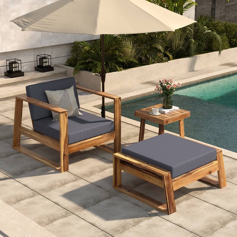 3-Piece Outdoor Acacia Wood Lounge Set with Chair, Ottoman & Table