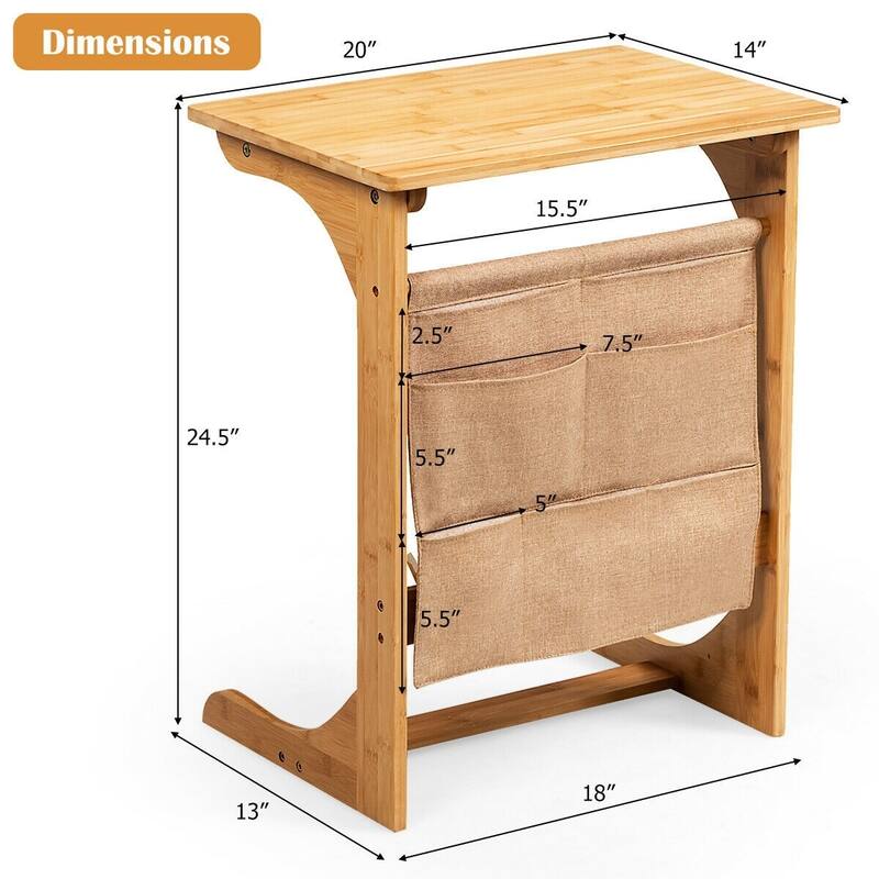 Bamboo Sofa Table End Table Bedside Table with Storage Bag - 19.5" x 14" x 24.5" (L x W x H)