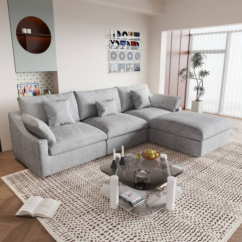 119'' L-shape Linen Fabric Upholstered Sectional Sofas with Ottoman