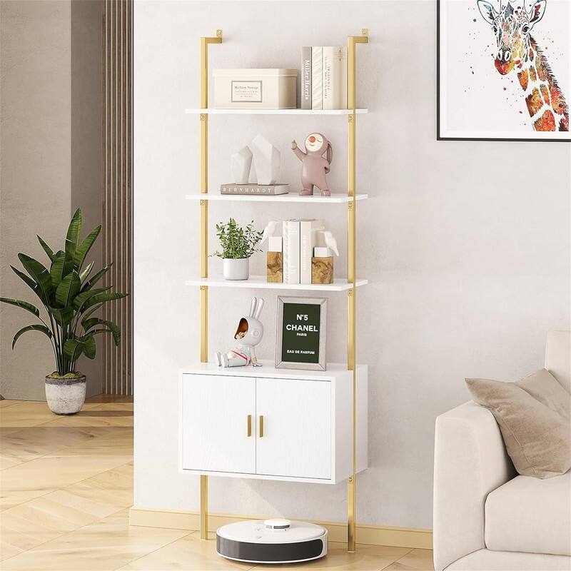 Ladder Bookshef with Cabinet Wall Mounted Bookcases - 13.8"D x 23.6"W x 72.8"H - White