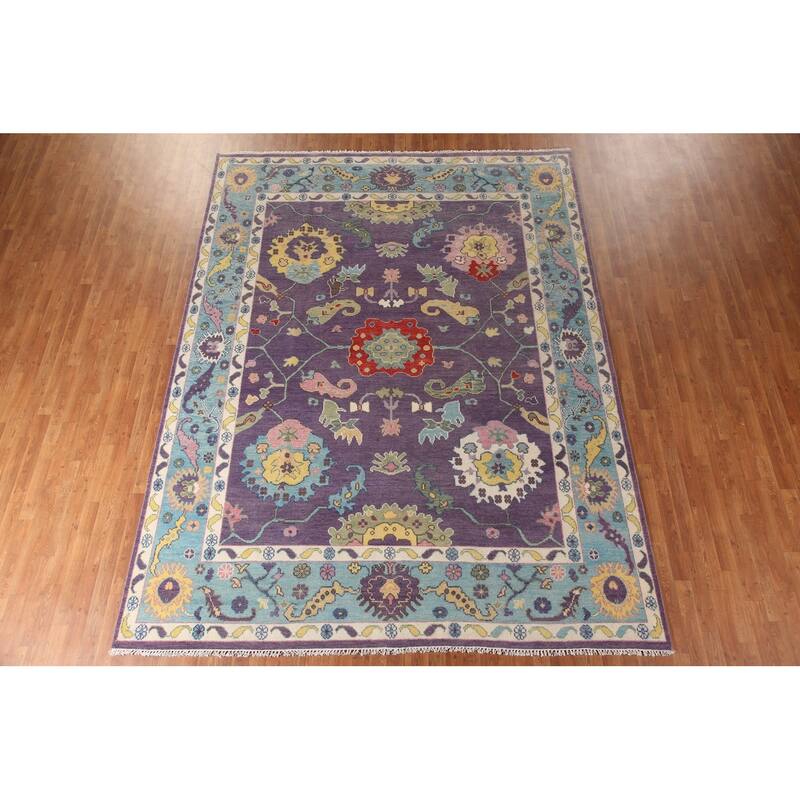 Purple Floral Oushak Indian Area Rug Handmade Wool Carpet - 8'10"x 11'8"
