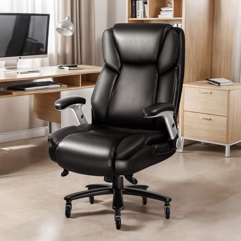 BOSSIN 600lbs Big and Tall Office Leather Chair with Flip up Armrest, Ergonomic Lumbar Support and Quiet Rubber Wheel