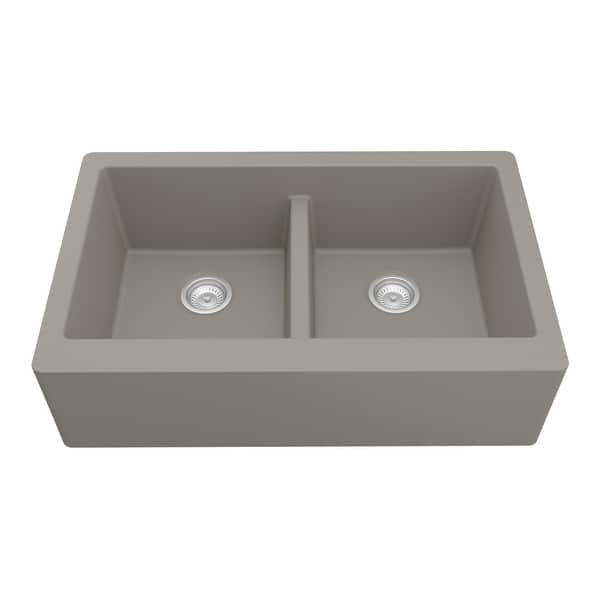 slide 2 of 58, Karran Farmhouse Apron Front Quartz Double Bowl Kitchen Sink Concrete