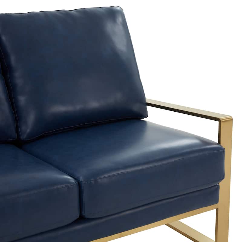 Jefferson Modern Leather Loveseat Gold with Gold Metal Base, Cushion Seating, Pocket Springs, and Protective Floor Pads - 53.1